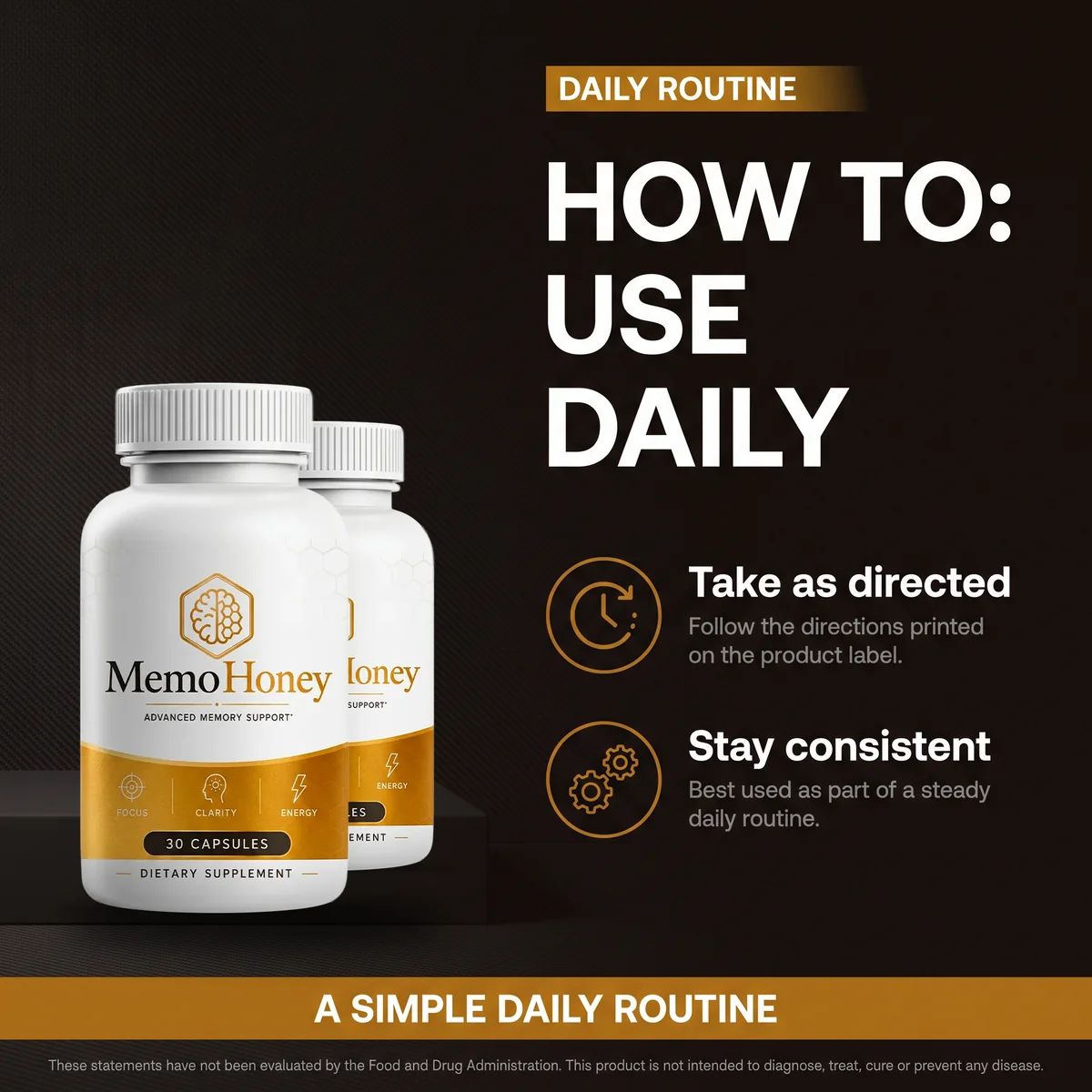 MemoHoney listing artwork: how to use daily, take as directed, stay consistent, a simple daily routine