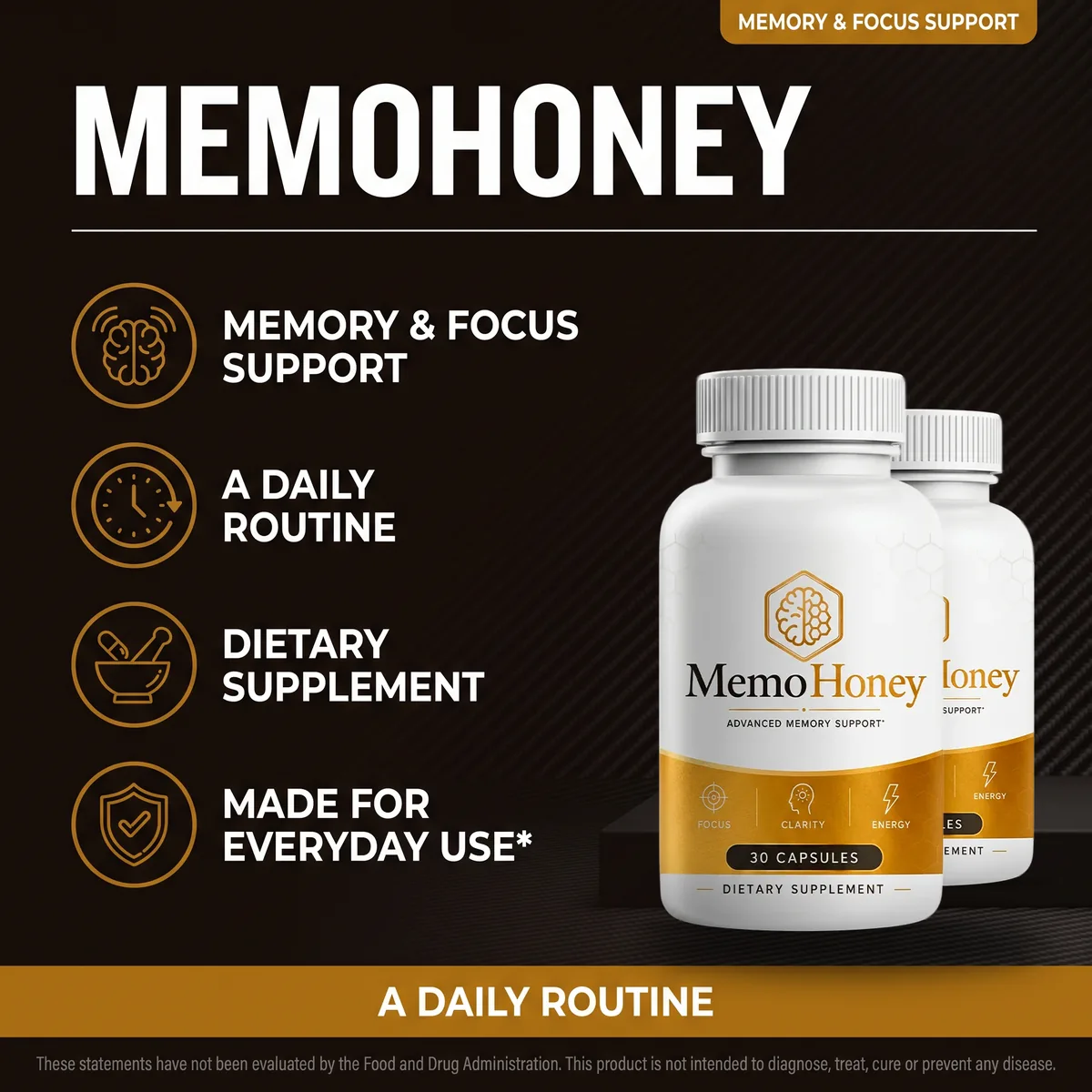 MemoHoney listing artwork: memory and focus support, a daily routine, dietary supplement, made for everyday use