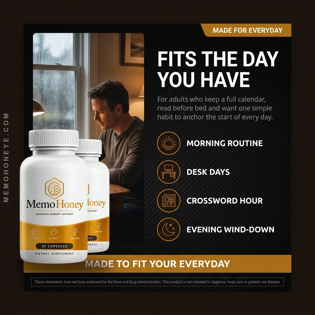 MemoHoney listing artwork: made for everyday use, morning routine, desk days, crossword hour, evening wind-down