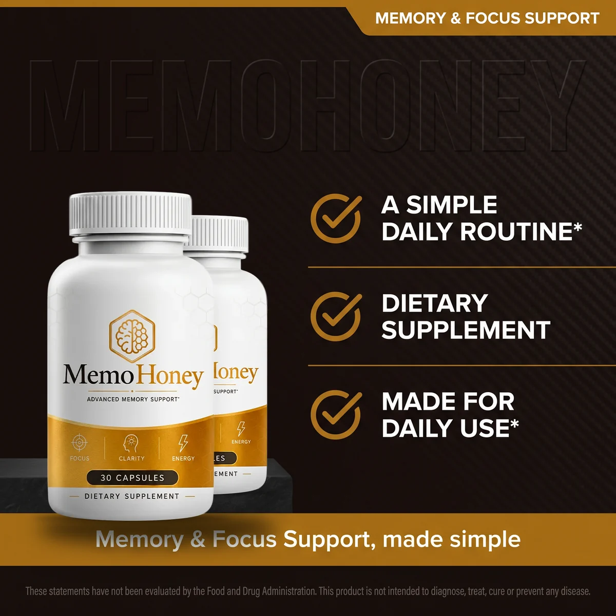 MemoHoney listing artwork: a simple daily routine, dietary supplement, made for daily use